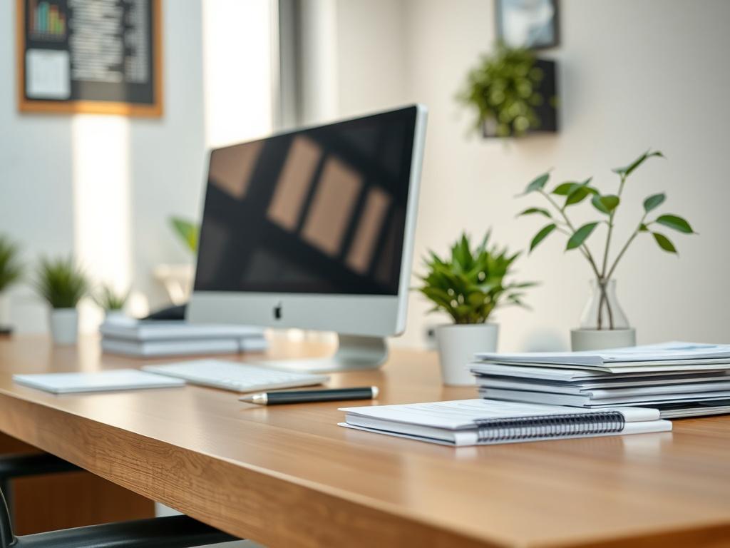 A hyper-realistic close-up image of a clean and organized office desk with a computer, neatly arranged documents, and a plant. The background should be softly blurred to emphasize the desk's cleanliness. The lighting should be bright and natural, creating a welcoming atmosphere.
