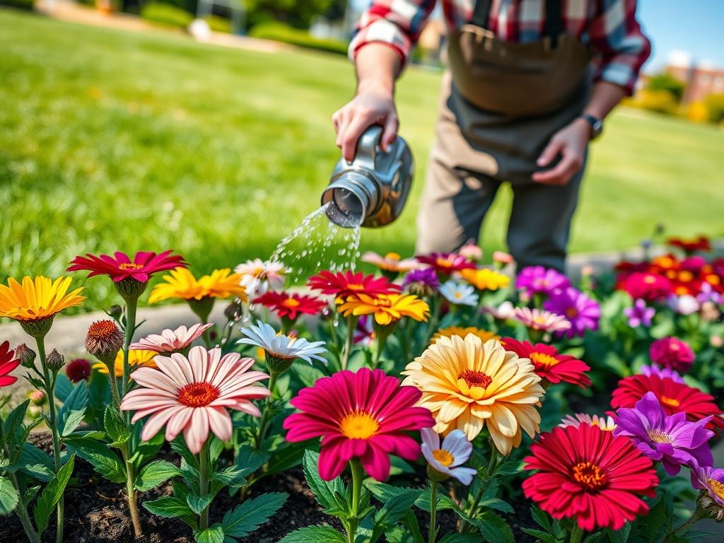 A hyper-realistic close-up shot of a newly planted flower bed featuring a variety of vibrant flowers, with a gardener gently watering them. The background shows a beautifully maintained garden with green grass and a clear blue sky. The focus is on the colorful flowers, showcasing their details and textures, shot with a 45mm f/1.2 lens.