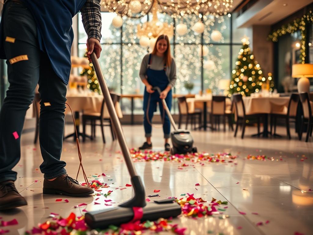 A hyper-realistic photo capturing a professional cleaning service in action after a festive event. The image should show a clean, well-lit interior with remnants of a celebration, such as confetti and decorations being tidied up. A friendly cleaning professional is shown using a vacuum cleaner or mop, with a look of satisfaction. The background should include tables that have been cleared and a sparkling clean floor, symbolizing thorough cleaning. The overall tone should be bright and inviting.