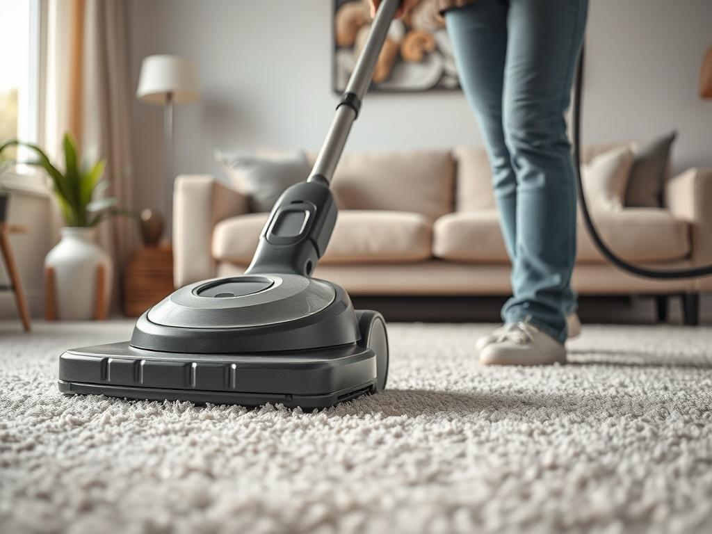 A realistic high-resolution photo of a professional cleaner using a carpet cleaning machine on a plush carpet in a bright, well-lit living room. The focus should be on the cleaner's hands operating the machine, with the texture of the carpet visible. The background should include a cozy couch and a few decorative items, creating a warm and inviting atmosphere.