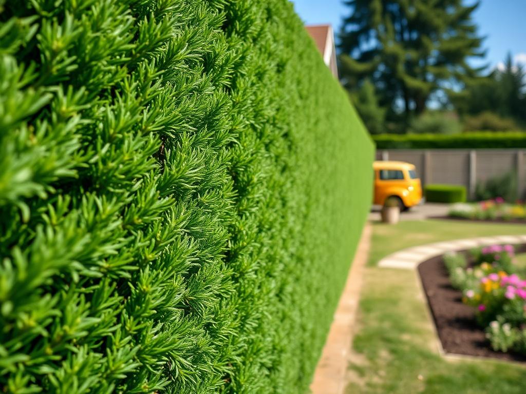 A well-maintained, lush green hedge in a residential garden setting. The hedge is tall and thick, showcasing the precision of professional trimming. The background features a tidy garden with colorful flowers and a clear blue sky. The photo captures the beauty and neatness of the hedge, emphasizing the skill involved in professional hedge maintenance.