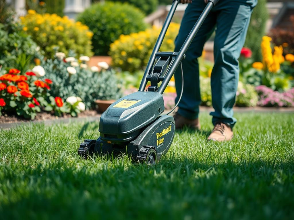 A close-up shot of a professional gardener using an electric scarifier on a lush green lawn, showcasing the machine in action. The background features a well-maintained garden with vibrant flowers and shrubs, emphasizing the beauty of the landscape. The scene is bright and sunny, highlighting the importance of lawn care. The focus is on the gardener's hands working the machine, capturing the care and precision involved in the process.