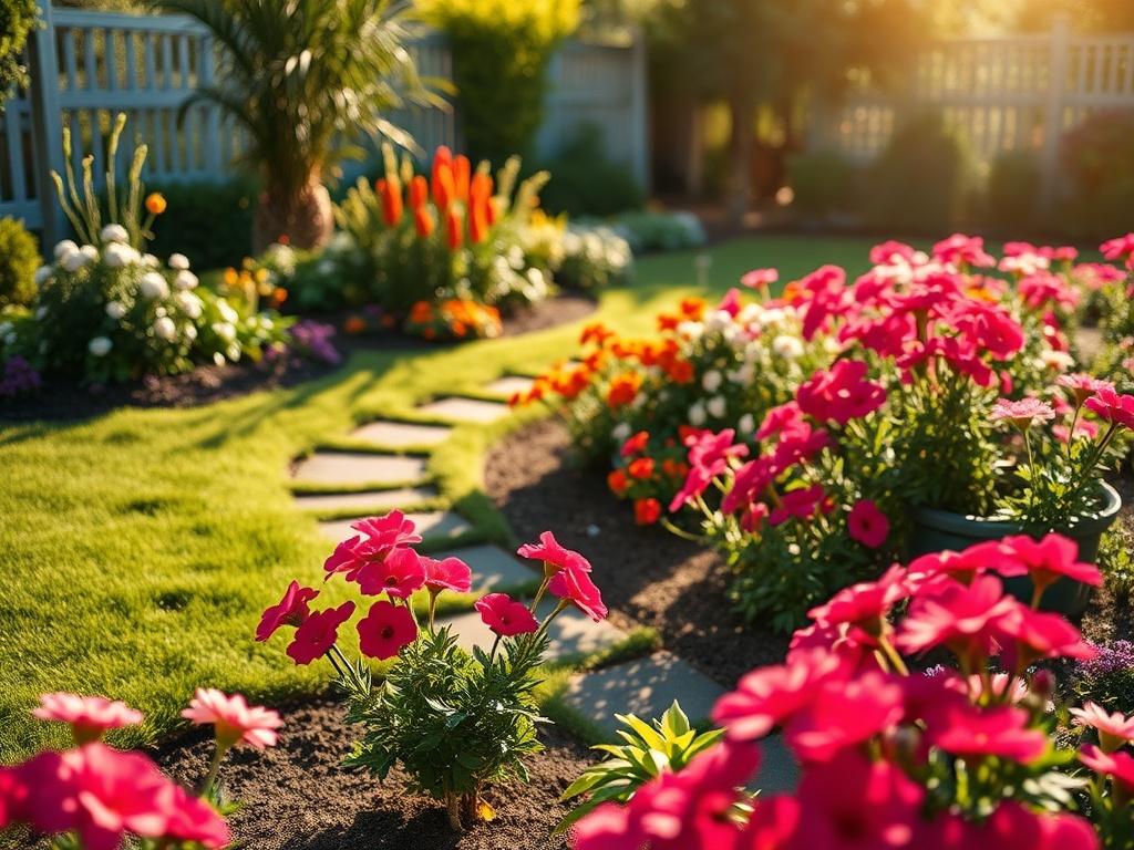A realistic high-resolution photo of a beautifully maintained garden after a thorough cleaning, showcasing vibrant flowers, tidy paths, and well-manicured lawns. The sunlight should be illuminating the garden, creating a warm and inviting atmosphere. The composition should focus on one corner of the garden, capturing the details of the flowers and lush greenery, with a soft blurred background to enhance the depth.