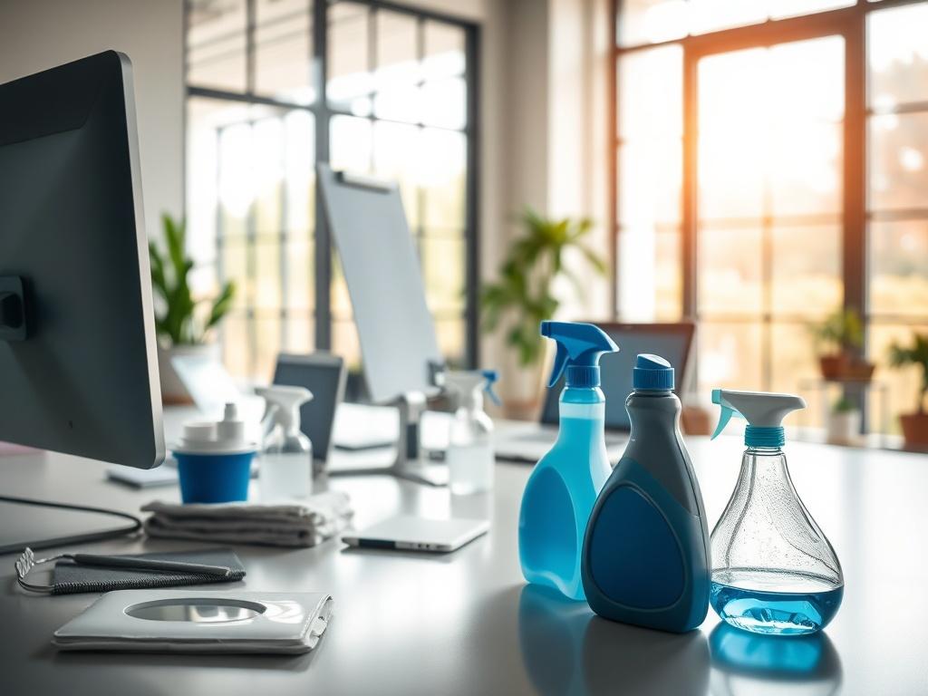 A clean and tidy office space showcasing a professional cleaning setup. The focus is on a well-organized workspace with a desk, computer, and cleaning supplies neatly arranged. The background features large windows letting in natural light, highlighting the cleanliness of the environment. The overall atmosphere is bright and inviting, emphasizing a sense of professionalism and cleanliness.