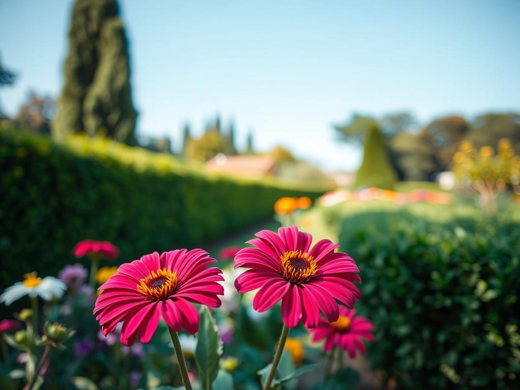 A realistic high-resolution photo of a well-maintained garden featuring a variety of colorful flowers and neatly trimmed hedges. The composition should focus on a single, vibrant flower in the foreground with a blurred background of the garden, showcasing lush greenery and a clear blue sky. The lighting should be bright and natural, emphasizing the beauty of the garden.