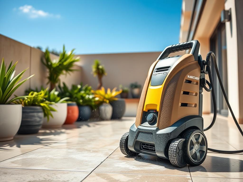 A realistic high-resolution photo of a clean terrace being washed with a Kärcher pressure washer. The terrace features modern tiles and is surrounded by green potted plants. The background shows a bright sunny day with a clear blue sky. The focus should be on the Kärcher machine in action, with water spraying and dirt being removed from the terrace surface.