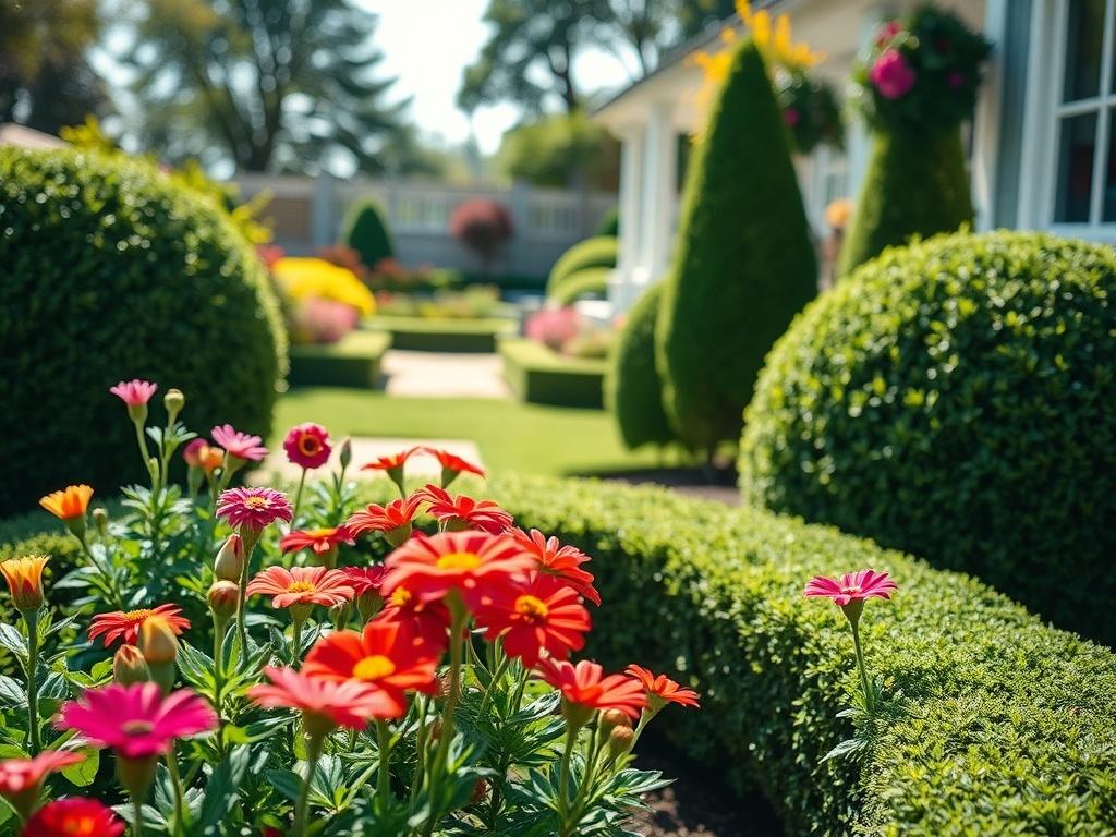 A close-up shot of a well-maintained garden with vibrant flowers, neatly trimmed hedges, and a clean, organized outdoor space. The background should feature a beautifully landscaped area, emphasizing the care and attention to detail in gardening. The lighting is bright and natural, capturing the essence of a perfect day in a garden. The overall composition should evoke a sense of tranquility and professionalism, showcasing the dedication of a gardening and cleaning service.