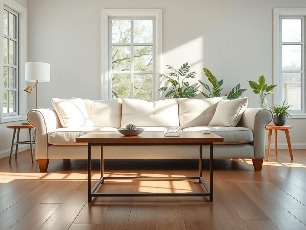 A bright and cozy living room after cleaning, showcasing a clean sofa, polished coffee table, and sunlight streaming through the windows. The atmosphere is inviting and fresh, emphasizing cleanliness and comfort.