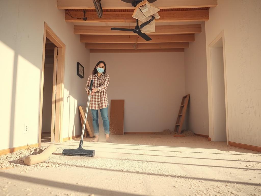 A freshly renovated room being cleaned, showcasing dust removal and debris clearing. The atmosphere is bright and fresh, indicating the transformation from construction mess to a clean, usable space.