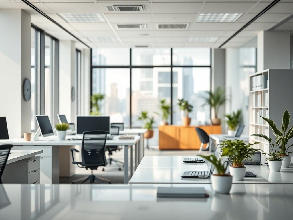 A clean and organized office space, featuring tidy desks, clear surfaces, and sparkling windows. The image should convey a professional and inviting atmosphere, highlighting the importance of cleanliness in a workplace.
