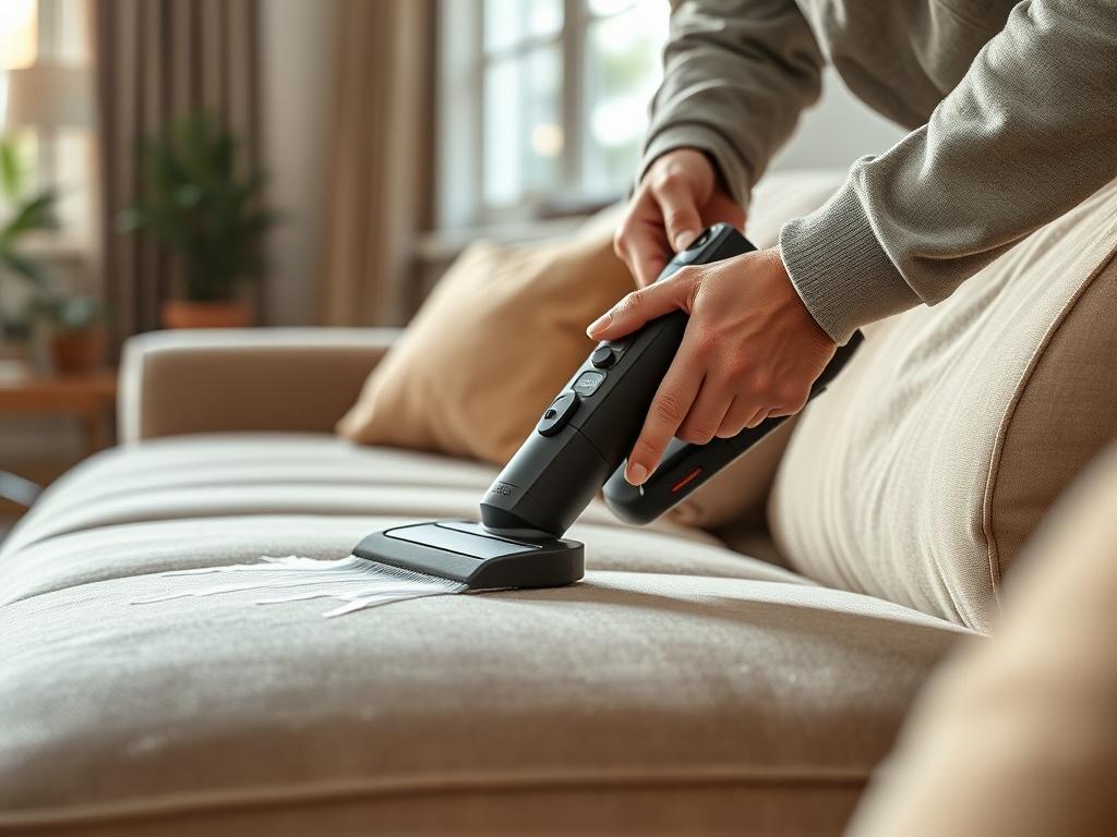 A close-up shot of a professional cleaning technician using a steam cleaner on a plush sofa in a well-lit living room. The background should be a cozy, inviting space with natural light coming through a window, highlighting the cleanliness of the furniture. The focus should be on the technician's hands actively cleaning the fabric, emphasizing the care and attention to detail in the cleaning process.