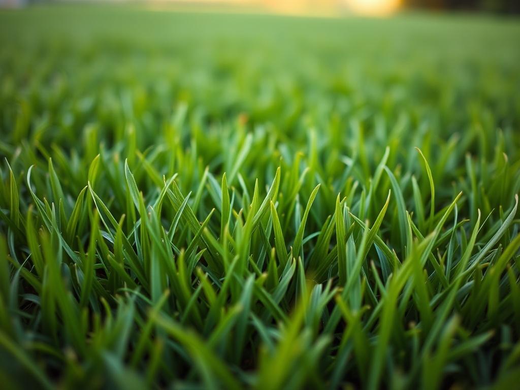 A close-up shot of a lush, green lawn with vibrant grass blades, showcasing a well-maintained and beautiful garden. The background should be blurred to emphasize the rich texture of the grass, highlighting its health and vibrancy. The composition should be simple and clear, focusing solely on the lawn, capturing the essence of a beautifully manicured outdoor space.