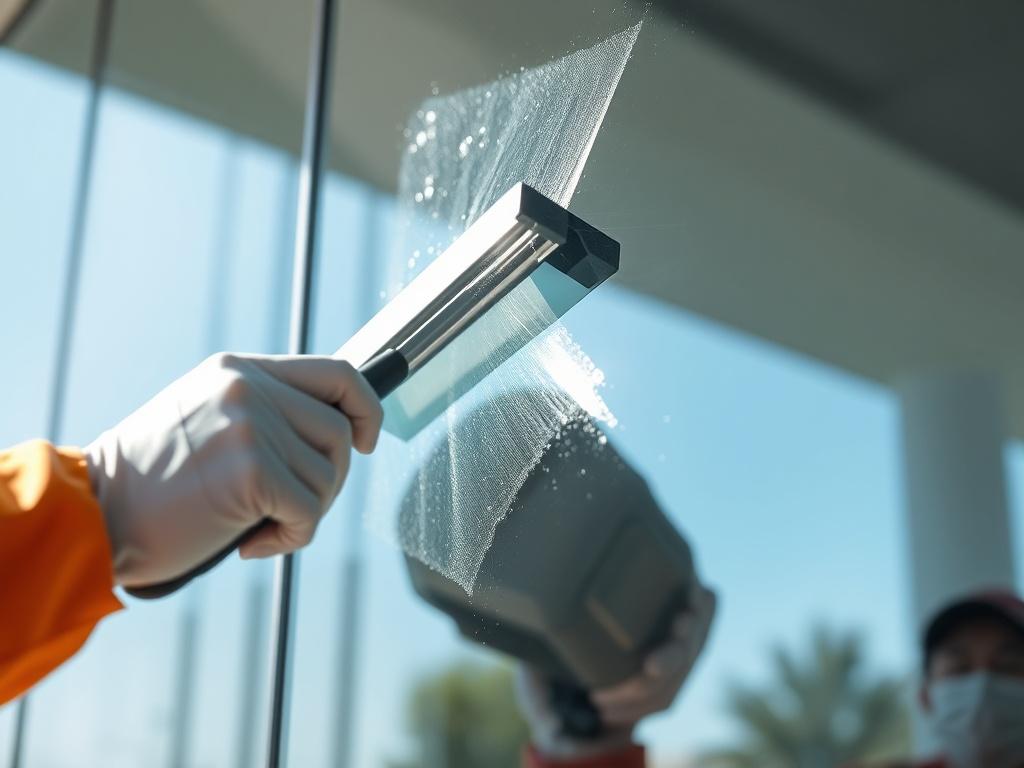 A close-up shot of a professional cleaner using a squeegee to clean a large window. The focus is on the shiny glass being cleaned, with reflections of a bright, sunny day outside. The background should be blurred, emphasizing the cleaning action and the clarity of the window. The image should capture the attention through its hyper-realistic detail, highlighting the cleanliness and shine of the glass.