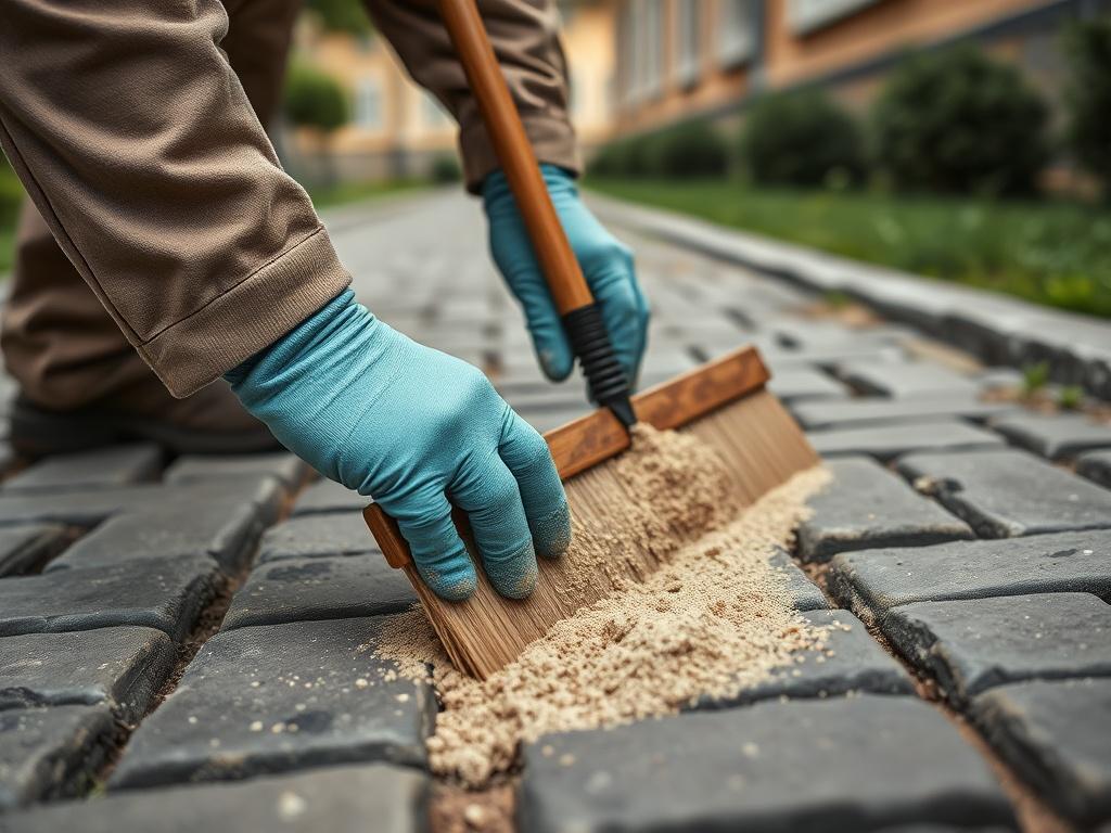 Realistic high-resolution close-up photo of a worker applying sand in the joints of cobblestones. The worker is wearing gloves and using a broom to spread the sand evenly. The background features a neat, well-maintained cobblestone path with greenery on the sides. The focus is on the worker's hands and the sand being applied, capturing the texture and detail of the cobblestones.