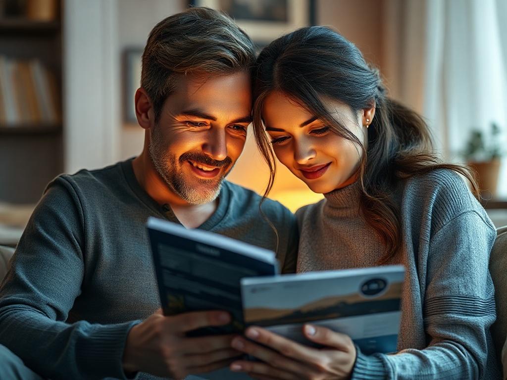 A close-up shot of a couple reviewing post-event materials together at home, surrounded by a warm and inviting atmosphere. The focus is on their engagement with the content and each other.