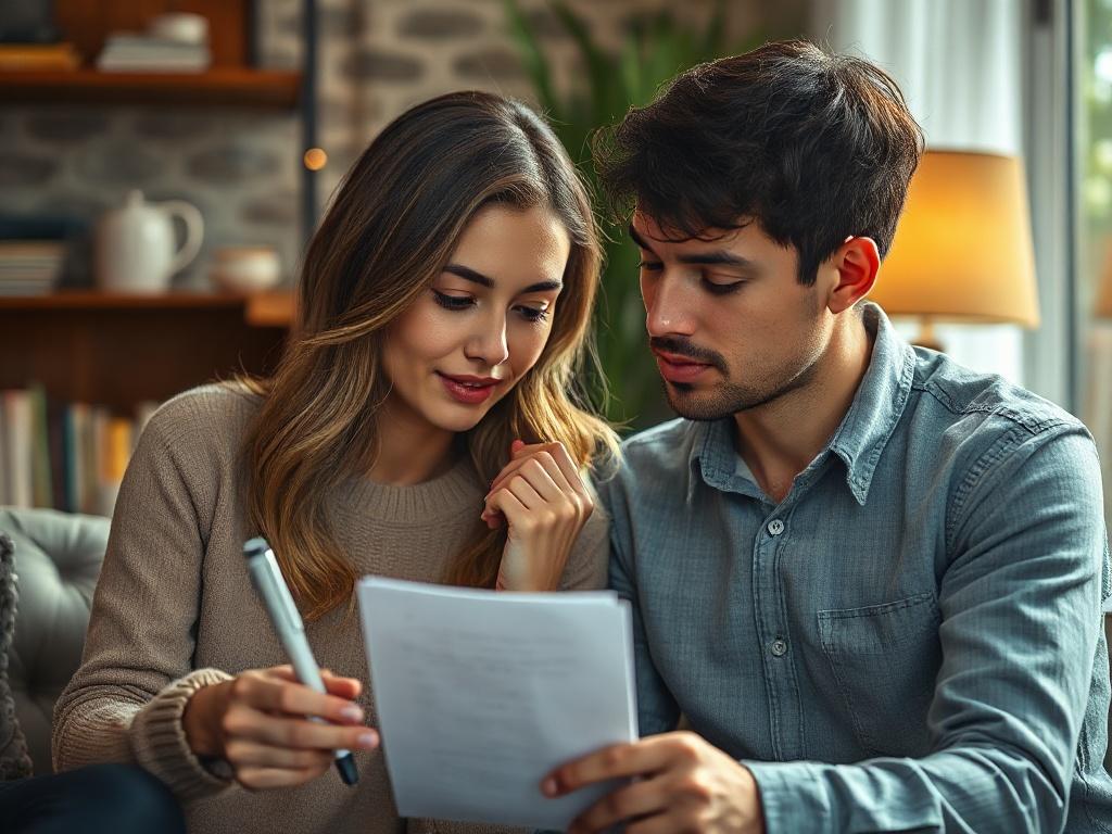 A close-up shot of a couple discussing and filling out a questionnaire together, with a cozy and intimate setting. The focus is on their expressions of engagement and thoughtfulness.