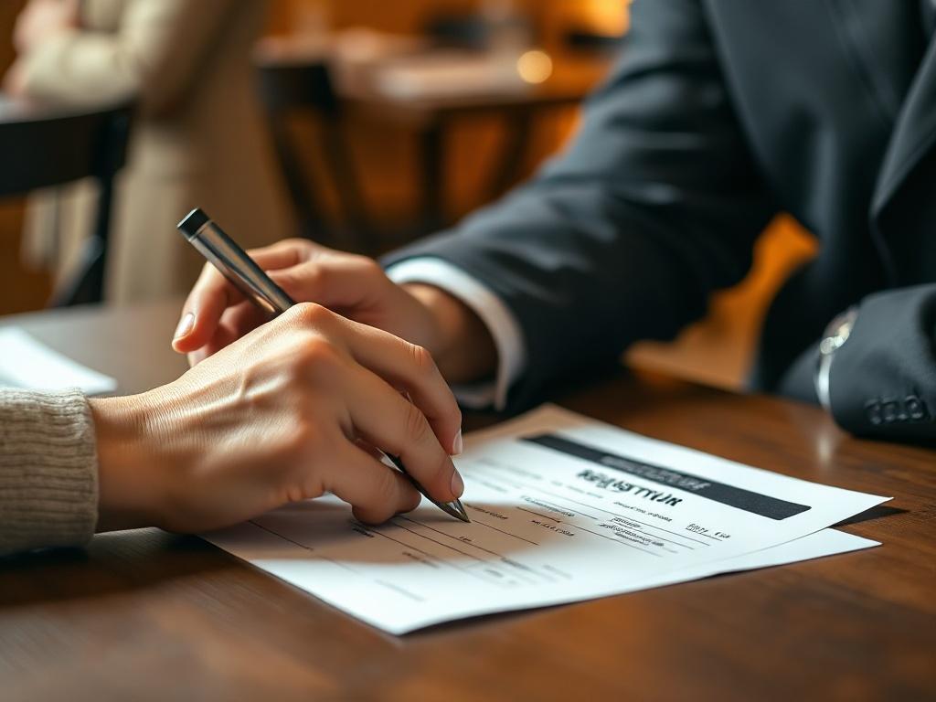 A close-up shot of a couple's hands filling out a registration form for a couples event, with a warm and inviting background. The focus is on the hands and form, capturing the essence of connection and commitment.