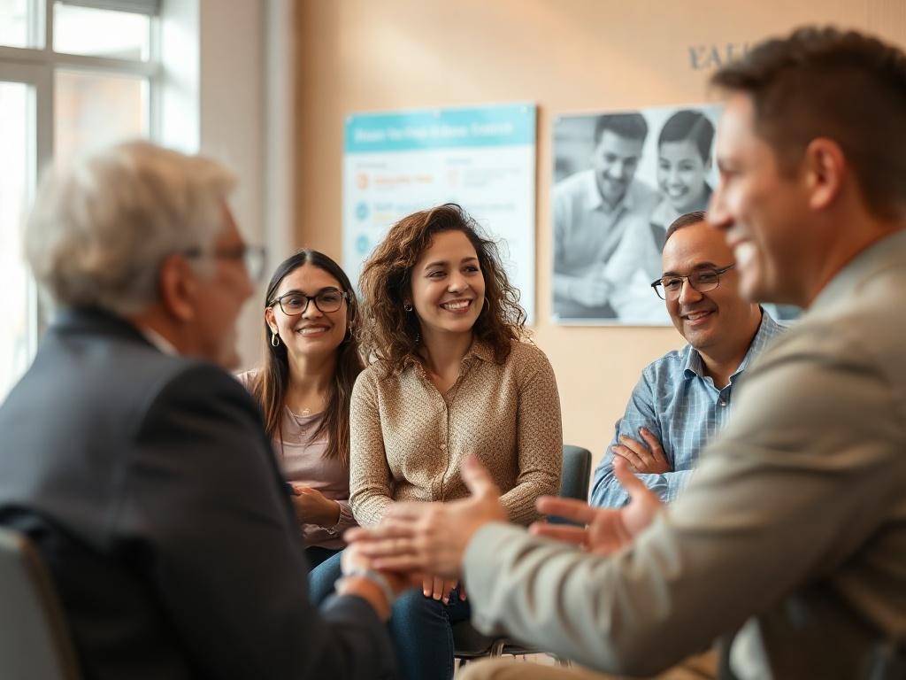 A vibrant image of a diverse group of couples actively engaged in an interactive workshop, with a facilitator leading the session. The atmosphere is lively and supportive, reflecting the essence of community and learning.