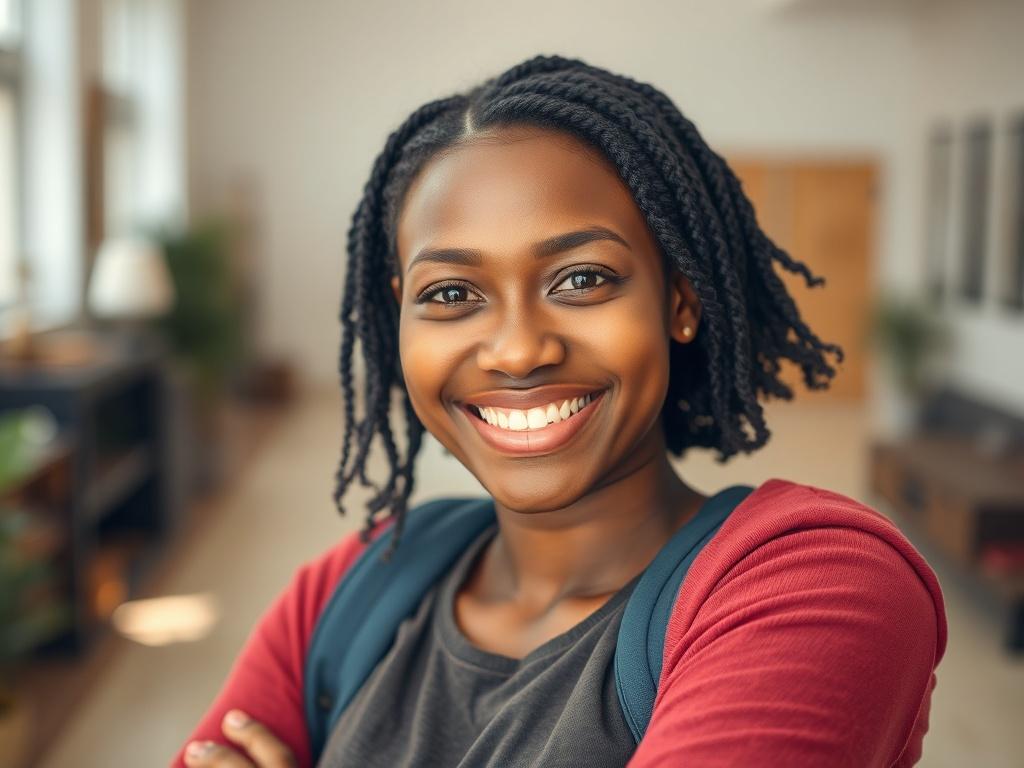 A close-up shot of a confident individual with a warm smile, embodying empowerment and clarity. The background is softly blurred, highlighting the person in focus. The individual is positioned in a bright, inviting environment that conveys a sense of openness and opportunity. The colors in the image should harmonize with the primary color rgb(50, 170, 39), creating a visual connection to themes of growth and intentionality.