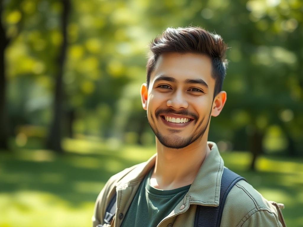 A close-up shot of a confident individual standing in a vibrant green park, with a warm smile that radiates positivity. The background features soft blurred greenery, emphasizing the subject. The lighting is natural and bright, capturing the essence of a sunny day. The individual is dressed in casual yet stylish attire, conveying a sense of approachability and strength. The focus is sharp on the individual, with a shallow depth of field to create a hyper-realistic effect.