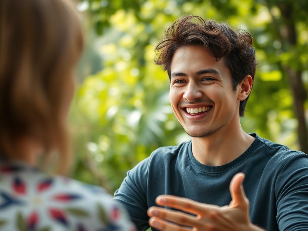 A close-up shot of a person engaged in a coaching session outdoors, smiling confidently. The background features lush greenery, creating a calm and inspiring atmosphere. The focus is on the individual expressing empowerment, shot with a 45mm f/1.2 lens.