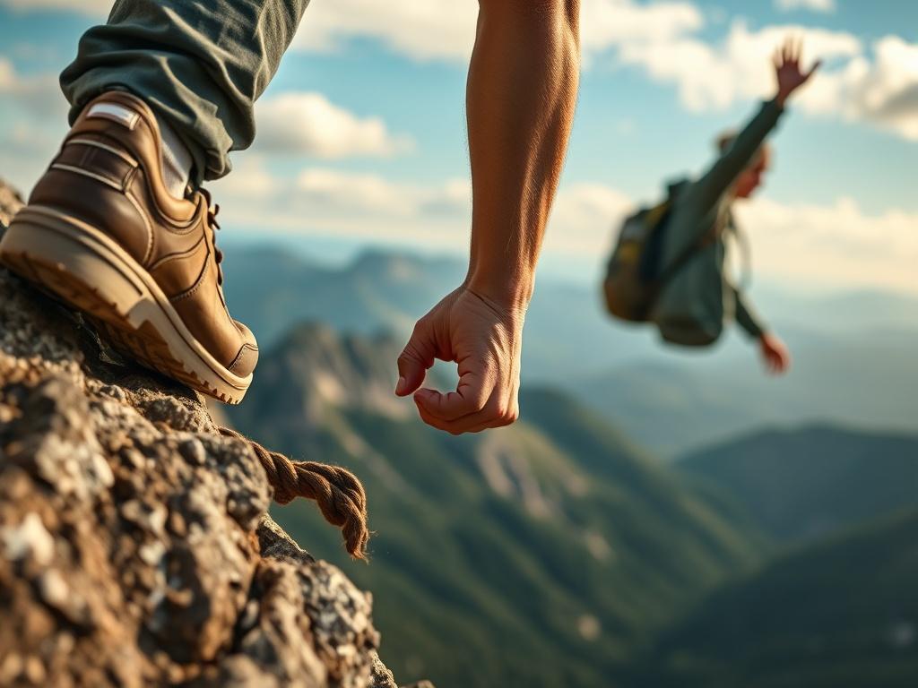 A close-up shot of a person confidently taking action, such as climbing a rock or hiking, symbolizing boldness. The background features a breathtaking landscape, enhancing the sense of adventure. Captured with a 45mm f/1.2 lens.