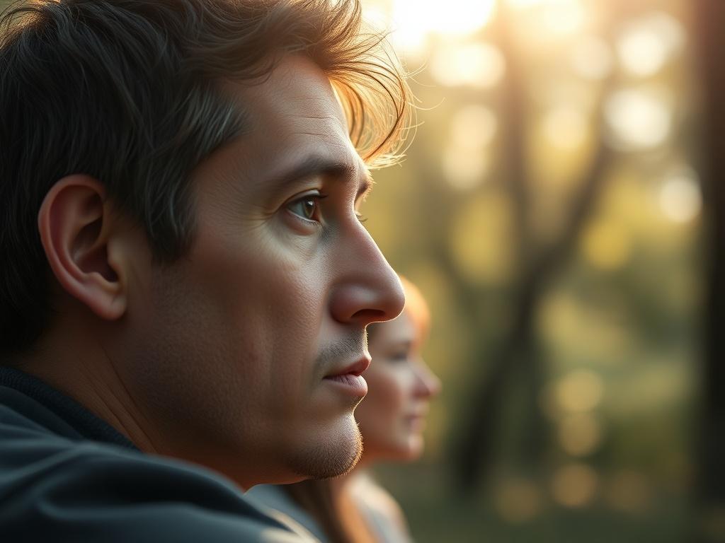 A close-up of a person reflecting thoughtfully during a coaching workshop, surrounded by a serene environment. The background showcases soft natural light filtering through trees. The individual is deep in thought, captured with a 45mm f/1.2 lens.