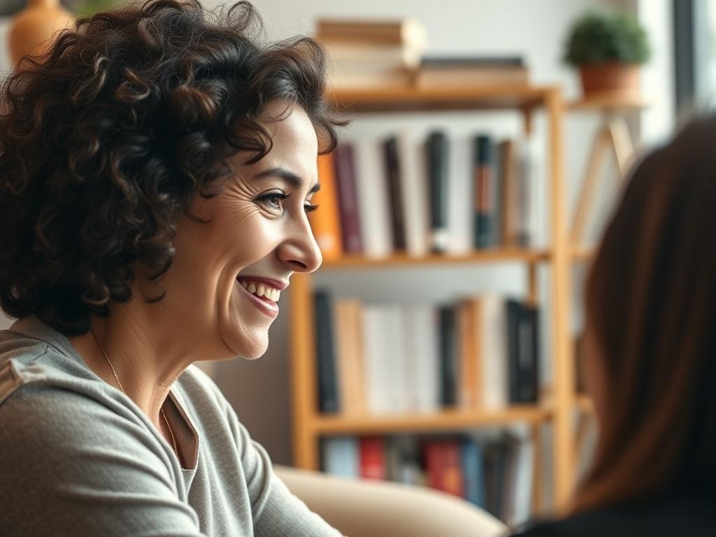 A close-up shot of a thoughtful coach, engaging with a client in a warm, inviting office setting. The coach is smiling, radiating positivity and encouragement. The background features a bookshelf with motivational books and a soft, natural light illuminating the space. The composition captures the essence of coaching, with a focus on connection and support.