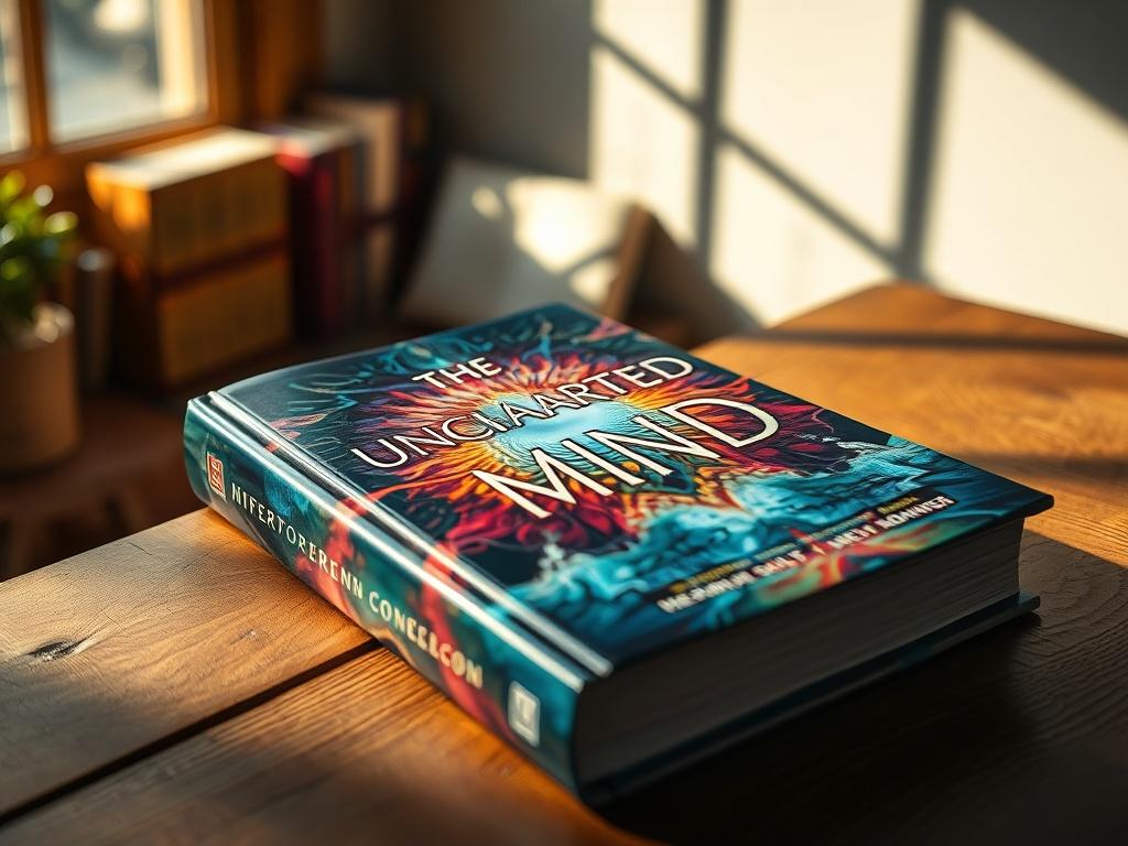 A hyper-realistic close-up shot of the book 'The Uncharted Mind' resting on a wooden table. The book cover features vibrant colors and captivating imagery that represent transformation and self-discovery. Natural light filters through a nearby window, casting soft shadows and enhancing the inviting atmosphere. The background includes hints of a cozy reading nook, suggesting a space for reflection.