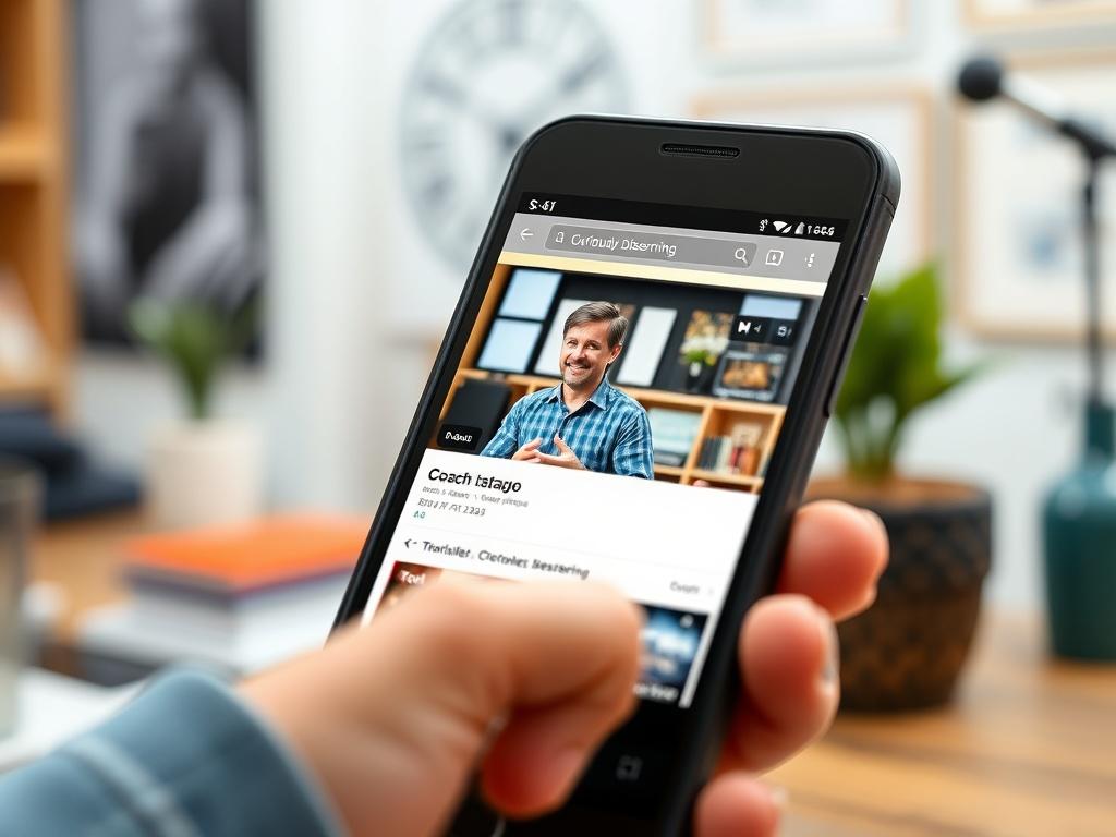 A close-up shot of a smartphone displaying the 'Curiously Discerning' YouTube channel interface. The screen showcases a vibrant video thumbnail featuring Coach Todd, engaging the audience with his charismatic presence. The background is softly blurred, hinting at a modern workspace filled with inspirational decor. The composition emphasizes the connection between technology and personal growth.