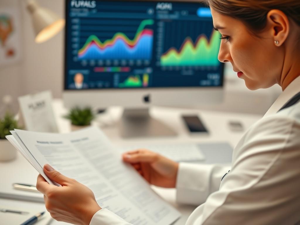 A close up shot of a healthcare provider reviewing billing