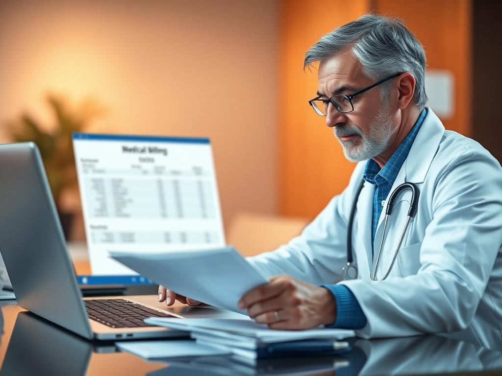 A focused shot of a healthcare provider reviewing medical billing