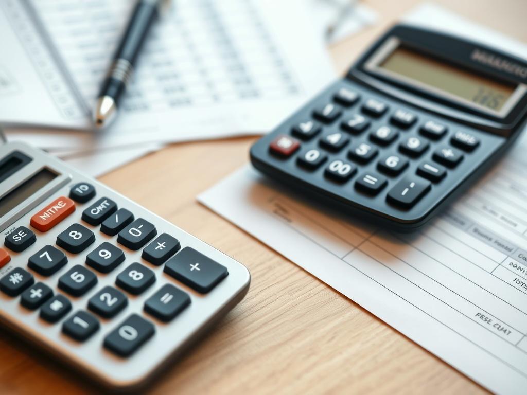 A close-up shot of a calculator and financial documents on a desk, symbolizing financial management and billing. The image should convey a sense of organization and professionalism, with a warm and inviting color palette that reflects the healthcare industry.