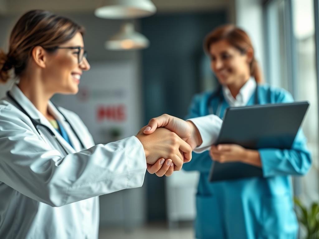 An inviting image of shaking hands between two professionals in a healthcare setting, symbolizing partnership and trust. The background should reflect a collaborative atmosphere, with elements that represent healthcare and professionalism.