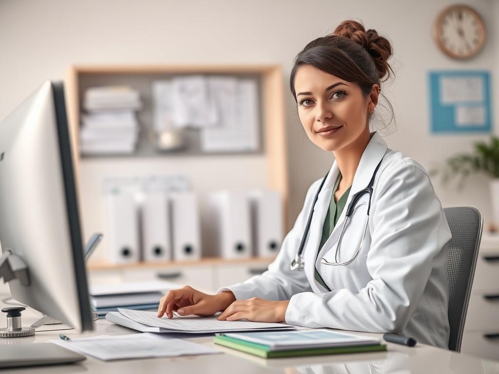 A professional office setting depicting a healthcare provider at a desk with paperwork and a computer. The provider has a focused expression, symbolizing efficiency and care in their work. The background features calming colors and elements that represent healthcare, such as medical charts and a stethoscope, creating a reassuring atmosphere.