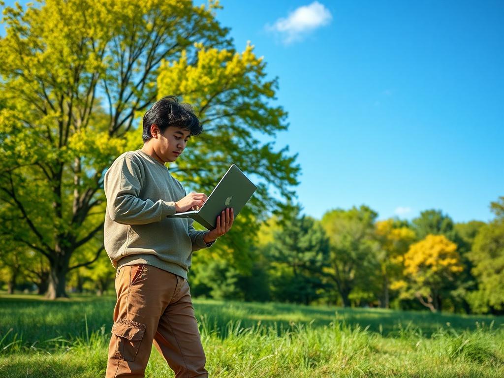 A single person standing in a lush green park, holding