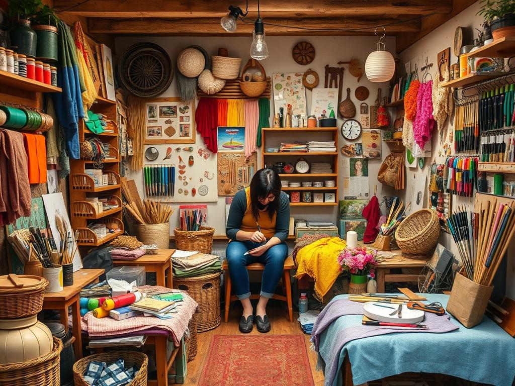 A cozy workspace filled with colorful DIY supplies, including paint,