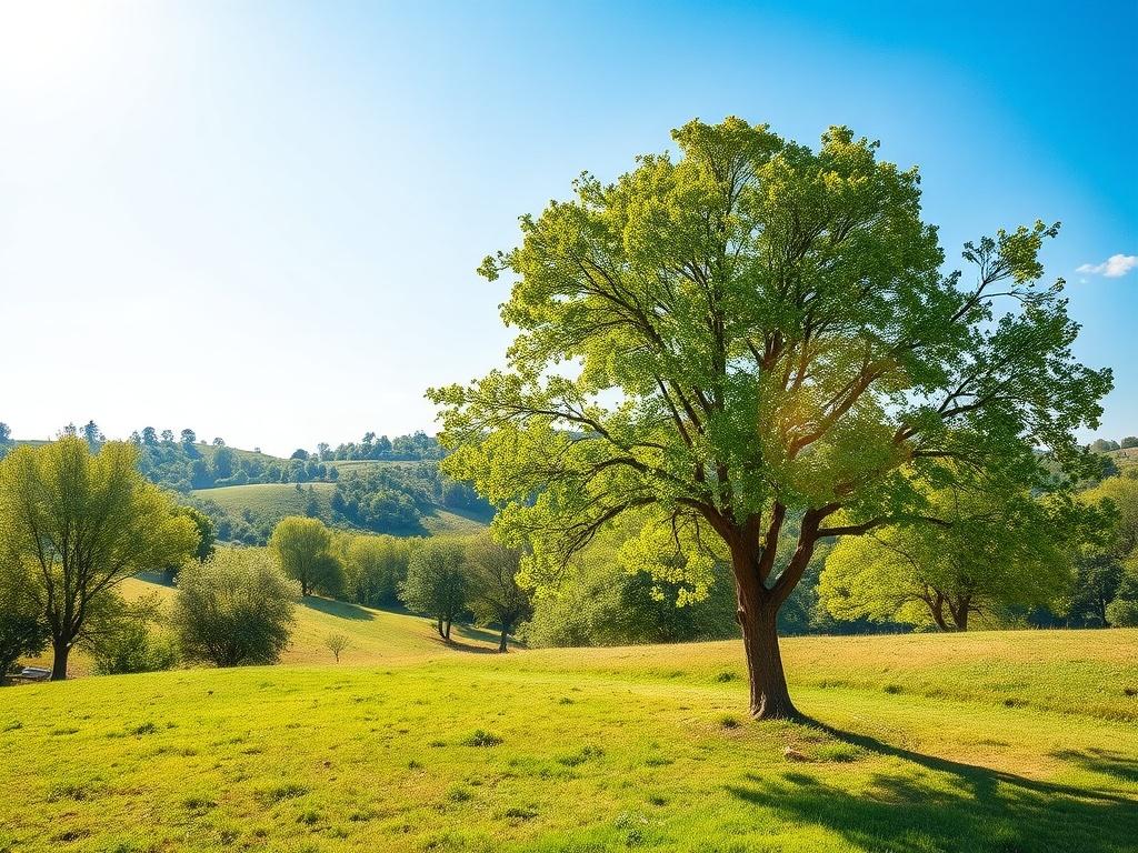 A serene outdoor setting showcasing a beautiful green landscape with