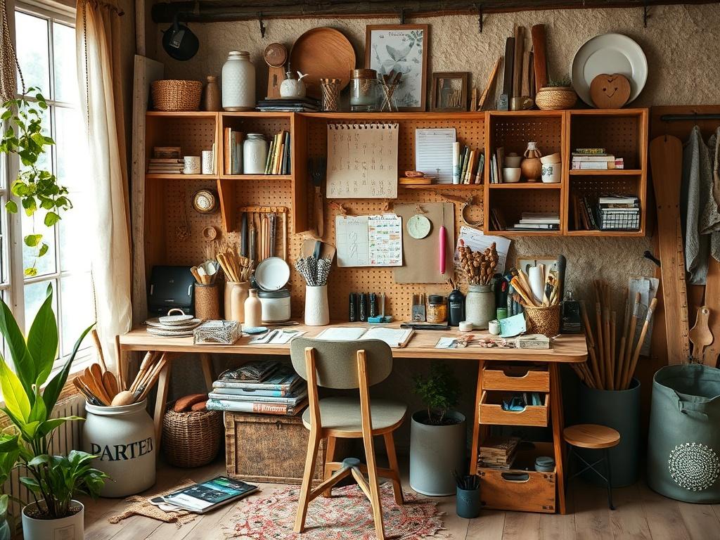A cozy workspace filled with various craft supplies, tools, and