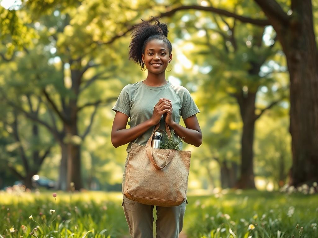 Create a realistic high-resolution photo that captures the essence of "Green Environmental Advocacy Essentials." The composition should feature a lone, passionate environmental activist standing in a lush, green park, surrounded by towering trees and blooming wildflowers. The activist, a young woman of diverse heritage, should be dressed in casual, earth-toned clothing, radiating a sense of determination and hope.

In her hands, she holds a reusable tote bag filled with eco-friendly supplies, such as a stai