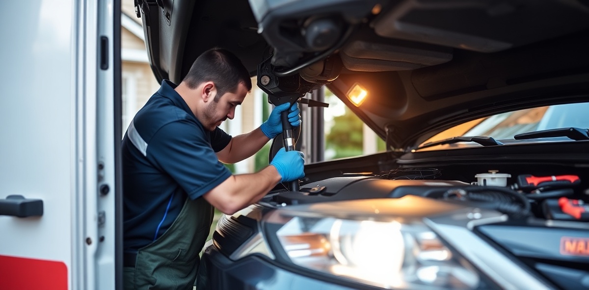 Mobile mechanic replacing car starter motor