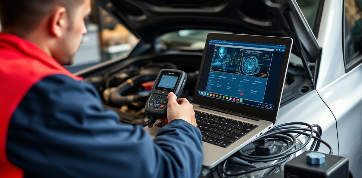 Mobile mechanic using diagnostic scanner and laptop