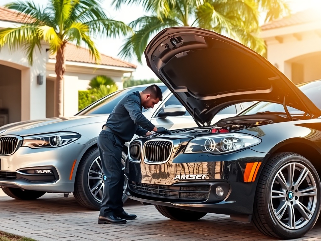 Mobile mechanic servicing BMW or Mercedes-Benz luxury vehicle at customer driveway