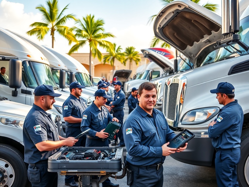 Team of professional mobile mechanics performing fleet maintenance at a business location