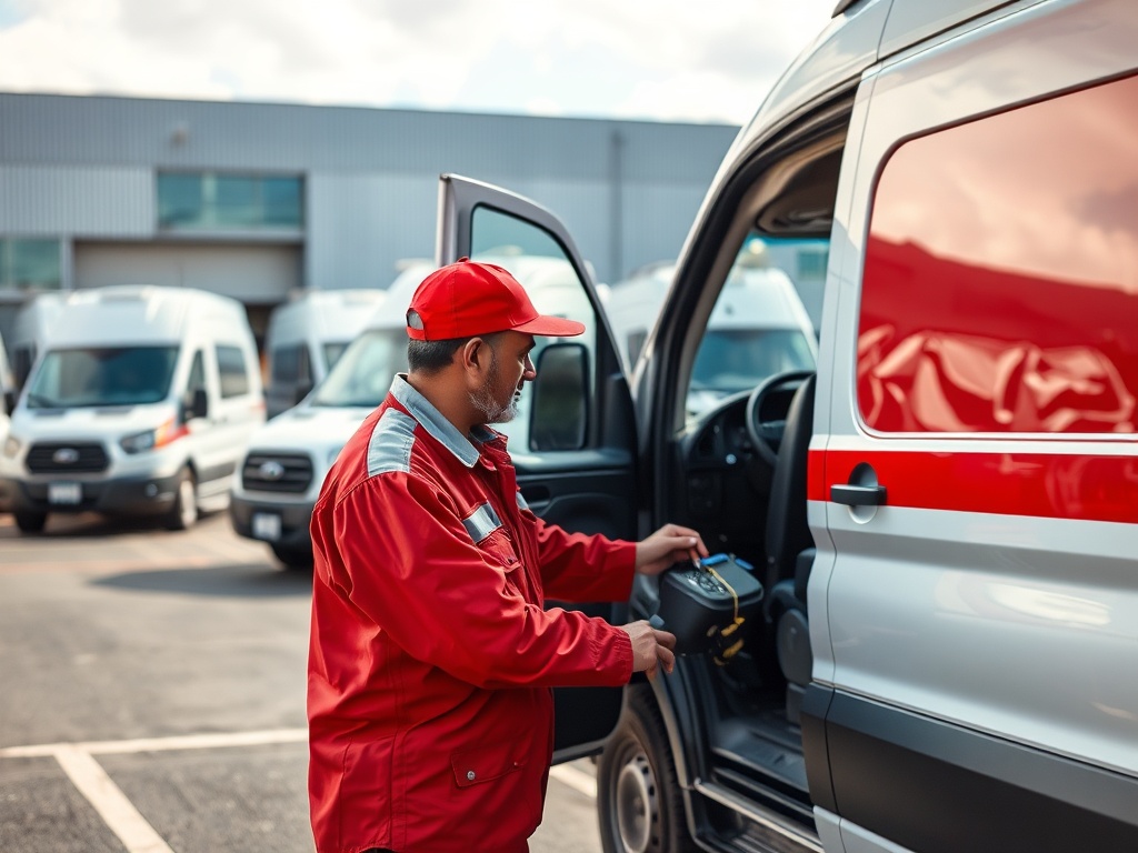 Professional mobile mechanic servicing commercial fleet vehicles at business location