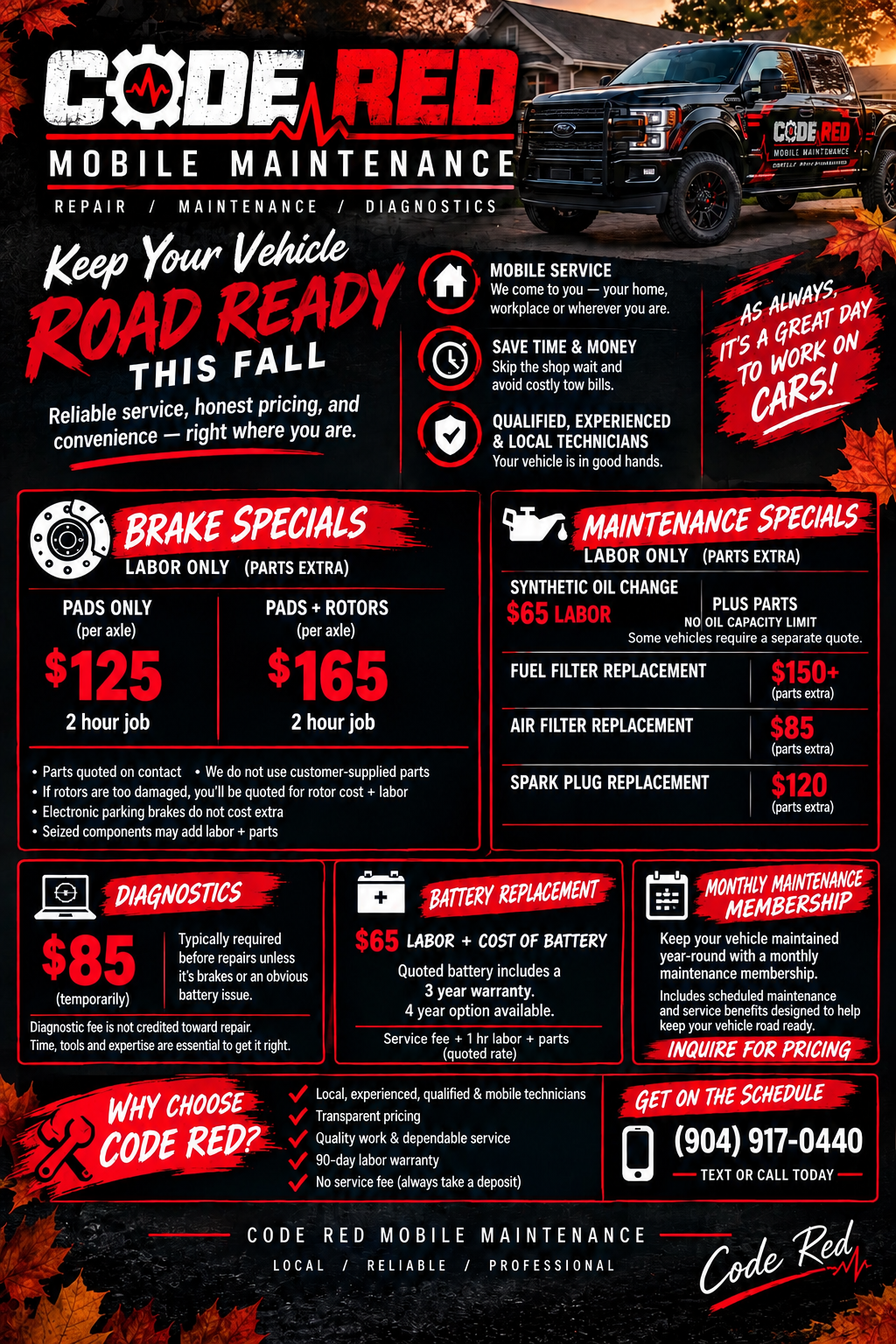 Code Red Mobile Maintenance Current Specials and Promotions