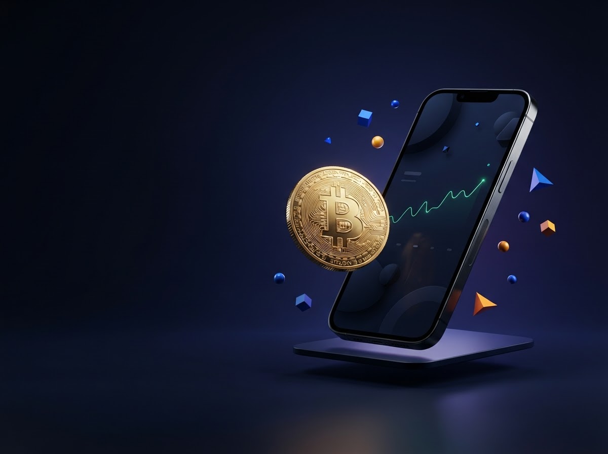 A smartphone with a portfolio screen beside a golden Bitcoin coin