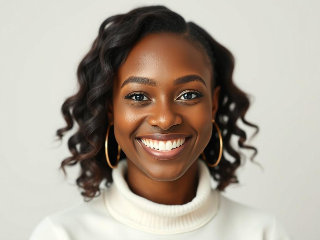 A head shot photo of a black woman smiling, exuding confidence and warmth. The composition should be simple and clear, focusing solely on her face, with a soft, neutral background that highlights her features. The lighting should be natural and flattering, capturing her genuine smile and vibrant personality.