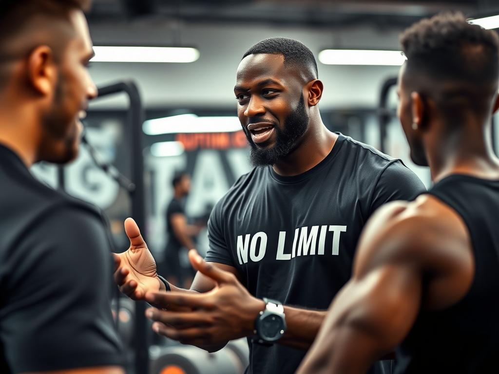 A black male personal trainer wearing a 'No Limit Fitness' shirt, engaged in an energetic conversation with a client in a gym setting. The trainer is demonstrating enthusiasm and encouragement, gesturing towards a fitness equipment. The background features gym equipment, with bright lighting to create a motivating atmosphere. The focus is on the trainer and client, capturing the dynamic interaction, while ensuring the image is high-resolution and visually striking.