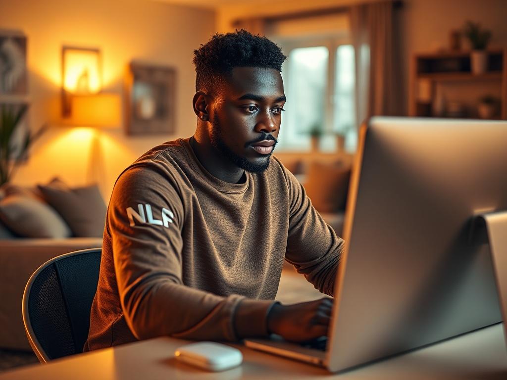 A black man wearing a warm athletic shirt with NLF on the sleeve, sitting at a table in a cozy home setting. He's focused on a computer in front of him, with soft lighting creating a serene atmosphere. The background features a comfortable living area with warm hues and inviting decor, emphasizing a relaxed yet motivated vibe.